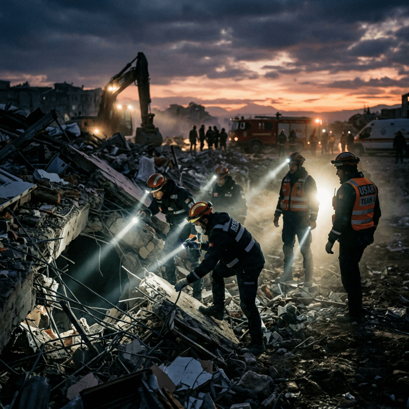 Rescue team with helmets and flashlights searching rubble after a building collapse at dusk