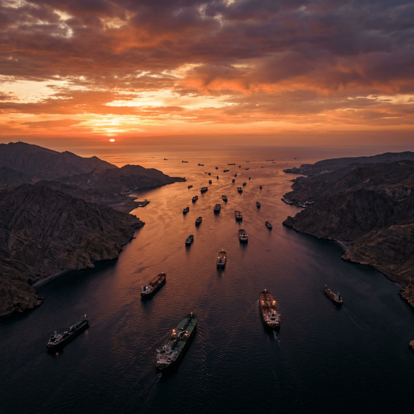 Cargo ships sailing through a narrow strait at sunset with rocky hills on both sides