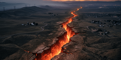 A long glowing volcanic fissure cutting through a dry landscape with scattered buildings under a dark cloudy sky.