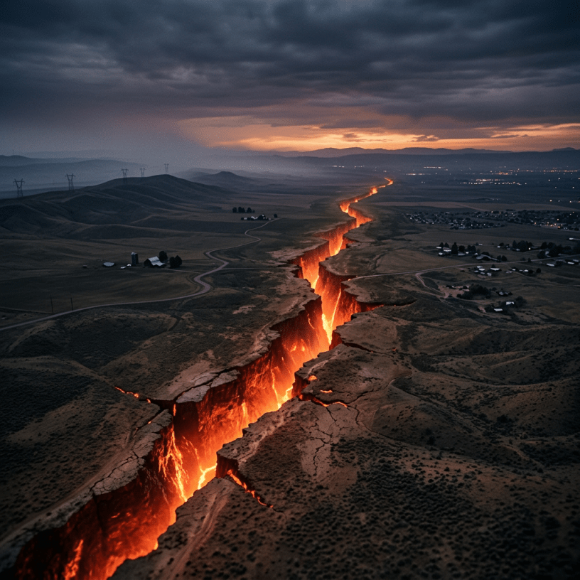 A long glowing volcanic fissure cutting through a dry landscape with scattered buildings under a dark cloudy sky.