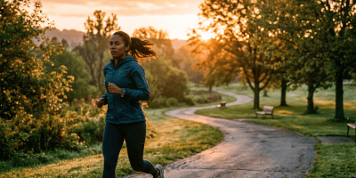 Woman jogging on paved path in park during sunrise with trees and benches