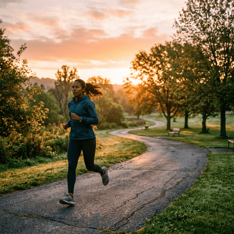 Woman jogging on paved path in park during sunrise with trees and benches