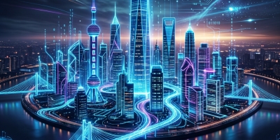 Futuristic smart city with neon-lit skyscrapers and digital data streams