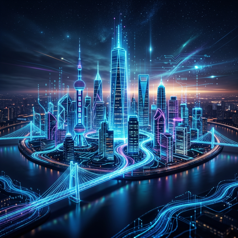 Futuristic smart city with neon-lit skyscrapers and digital data streams