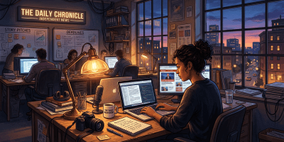 Journalists working at computers in a busy newsroom during sunset