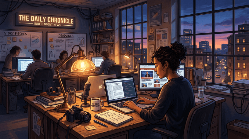 Journalists working at computers in a busy newsroom during sunset