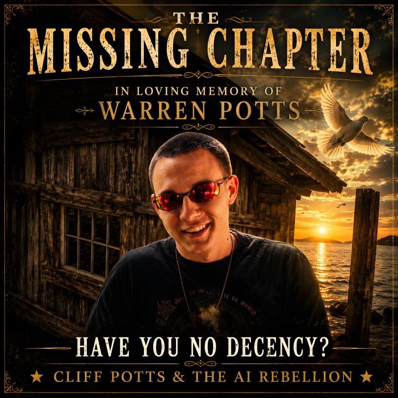 Album cover for The Missing Chapter by Cliff Potts & the AI Rebellion, featuring a smiling man in red sunglasses against a rustic waterfront sunset scene, with a white dove and memorial text reading “In Loving Memory of Warren Potts.”