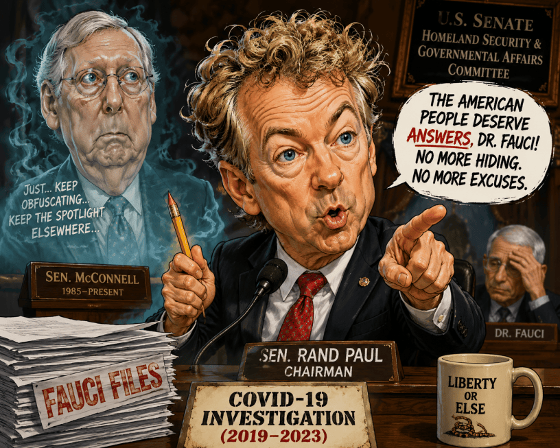 Editorial caricature of Rand Paul aggressively questioning Anthony Fauci at a Senate hearing while a ghostly image of Mitch McConnell appears in the background, suggesting political distraction and obfuscation.