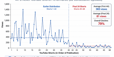 Line chart showing views for 68 consecutive WPS News YouTube Shorts. The first 44 Shorts averaged 383 views, while the final 24 averaged 81 views, representing an overall decline of approximately 79 percent.