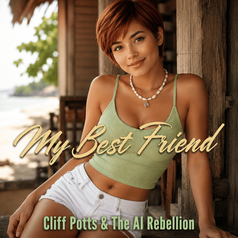 Album cover for My Best Friend by Cliff Potts & The AI Rebellion featuring a smiling young woman with short auburn hair leaning against the doorway of a tropical beachside cottage. She wears a light green sleeveless top, white shorts, and a seashell necklace. The title "My Best Friend" appears in large gold script across the center, with the artist's name in green lettering at the bottom.