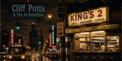 Album cover for the single Chicago Knew My Name by Cliff Potts & The AI Rebellion. A rainy nighttime Chicago street scene shows the intersection of Milwaukee Avenue and Gettysburg Avenue. A CTA bus waits near the curb, the Portage Theater marquee glows in the distance, and King's 2 restaurant is brightly lit on the corner. The wet pavement reflects city lights, with the Chicago skyline visible in the background. The cover includes the title, artist name, and the tagline: "A song about a corner, a walk, a city, and the people who made it home."