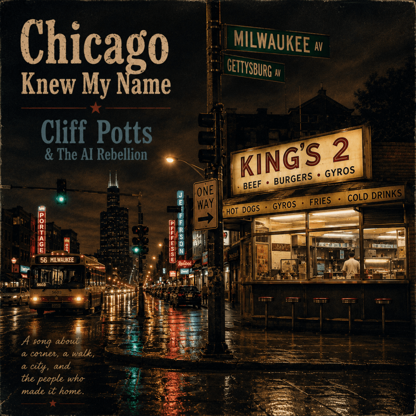 Album cover for the single Chicago Knew My Name by Cliff Potts & The AI Rebellion. A rainy nighttime Chicago street scene shows the intersection of Milwaukee Avenue and Gettysburg Avenue. A CTA bus waits near the curb, the Portage Theater marquee glows in the distance, and King's 2 restaurant is brightly lit on the corner. The wet pavement reflects city lights, with the Chicago skyline visible in the background. The cover includes the title, artist name, and the tagline: "A song about a corner, a walk, a city, and the people who made it home."