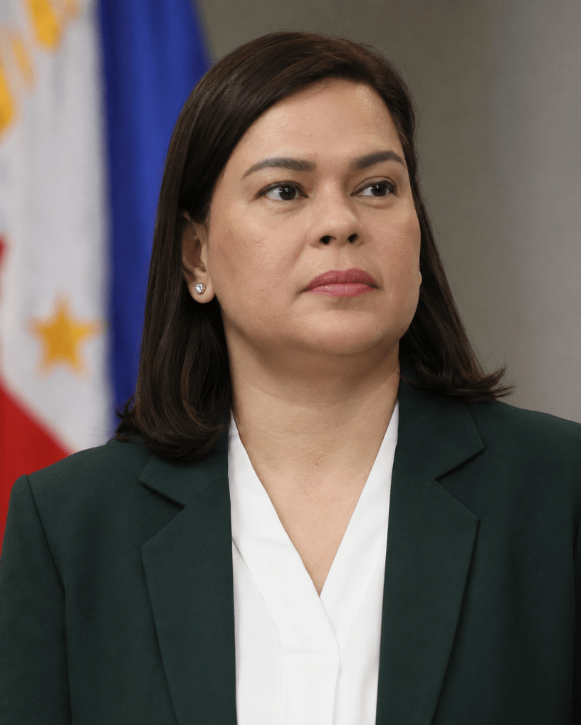 AI-generated editorial-style portrait of Philippine Vice President Sara Duterte wearing a dark blazer and white blouse, with a blurred Philippine flag-style background.