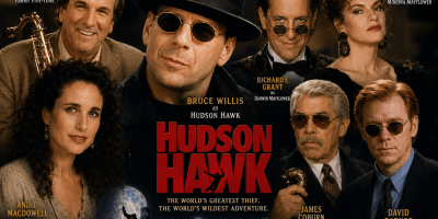 AI-generated collage of the principal Hudson Hawk cast, featuring Bruce Willis at the center with Danny Aiello, Andie MacDowell, Richard E. Grant, Sandra Bernhard, James Coburn, and David Caruso arranged around him.