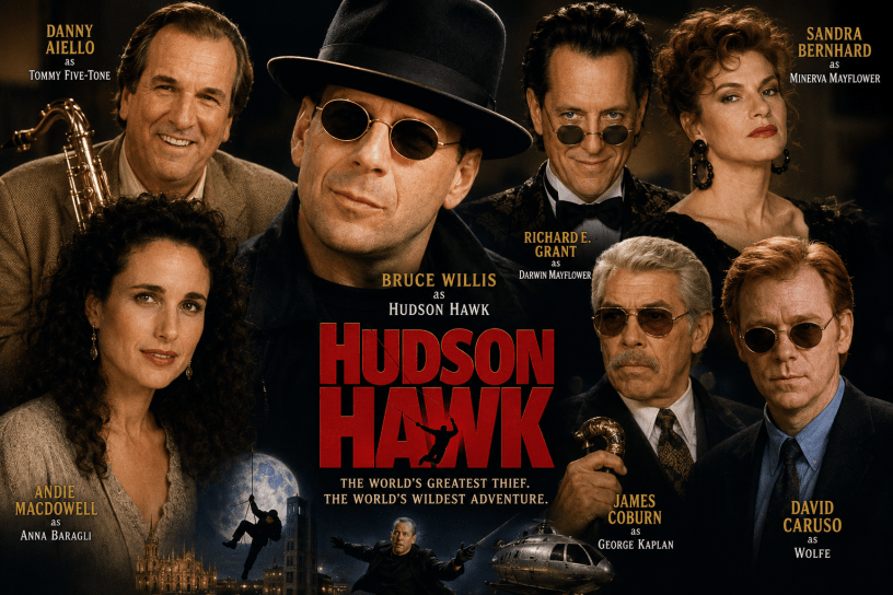 AI-generated collage of the principal Hudson Hawk cast, featuring Bruce Willis at the center with Danny Aiello, Andie MacDowell, Richard E. Grant, Sandra Bernhard, James Coburn, and David Caruso arranged around him.