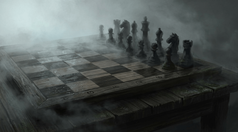 Chessboard with black chess pieces arranged on a mist-covered wooden table surface