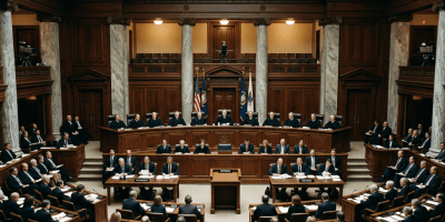 Supreme Court justices seated behind bench with attorneys and audience below