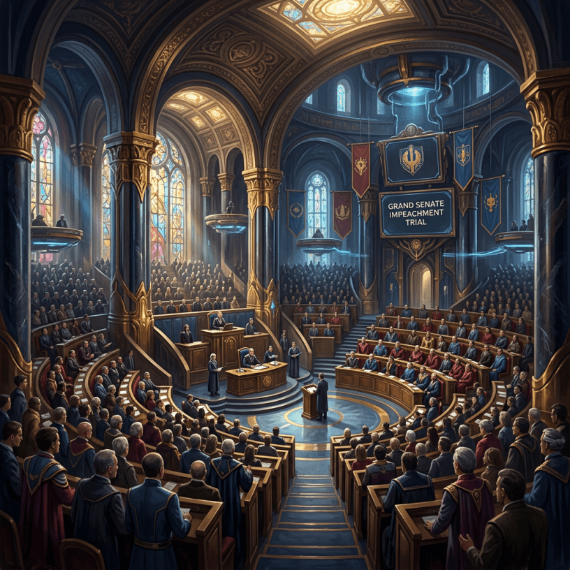 A large senate chamber with officials attending an impeachment trial under towering arches and stained glass windows