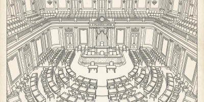 Detailed architectural line drawing of a legislative chamber with desks and chairs arranged in semicircular rows facing a central podium
