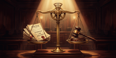 A scale balancing legal documents labeled justice and a judge's gavel on either side