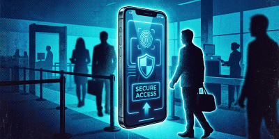 Smartphone with fingerprint scan and secure access prompt at security checkpoint