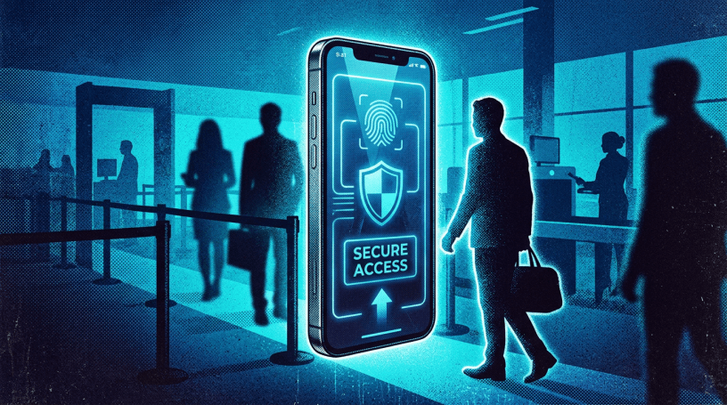 Smartphone with fingerprint scan and secure access prompt at security checkpoint