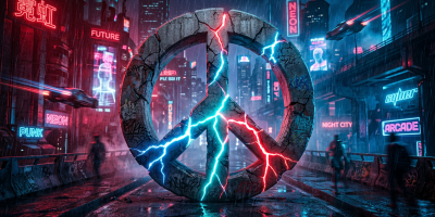 Cracked peace symbol with red and blue lightning in a neon-lit rainy cyberpunk street