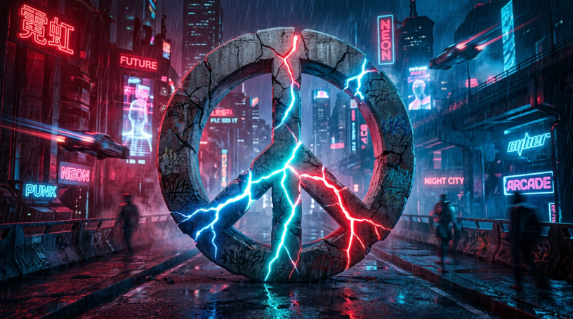 Cracked peace symbol with red and blue lightning in a neon-lit rainy cyberpunk street