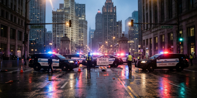 Chicago police vehicles and officers blocking a wet downtown street at night with 'Road Closed' sign