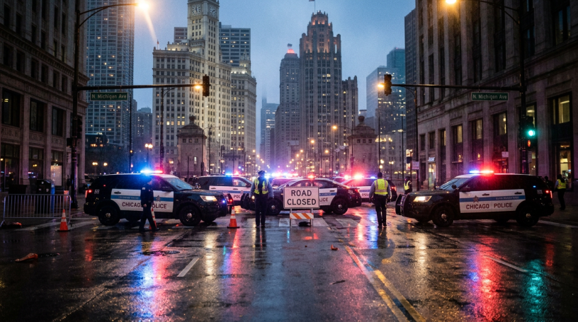 Chicago police vehicles and officers blocking a wet downtown street at night with 'Road Closed' sign