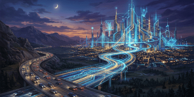 Highway with cars leading to a futuristic city illuminated by digital light trails representing smart technology