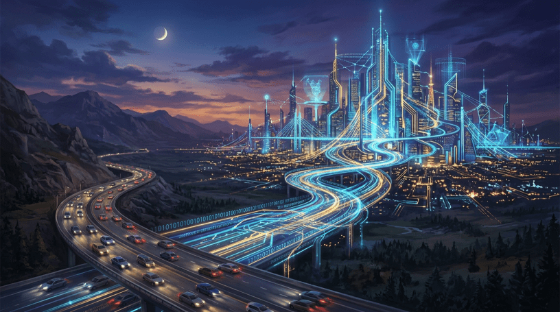 Highway with cars leading to a futuristic city illuminated by digital light trails representing smart technology