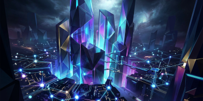 Futuristic city with illuminated skyscrapers and digital network connections