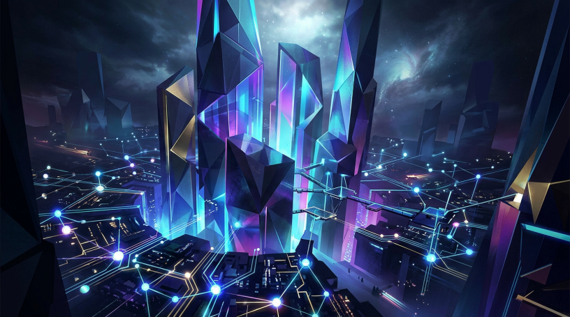Futuristic city with illuminated skyscrapers and digital network connections