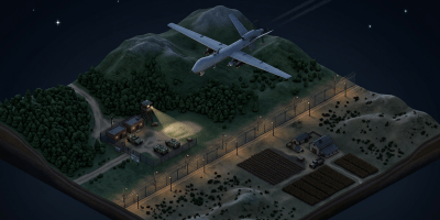 Surveillance drone flying over a fenced military base and farmland at night