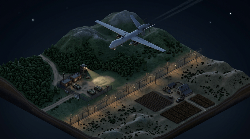 Surveillance drone flying over a fenced military base and farmland at night