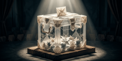 Translucent ballot box with paper ballots inside on wooden platform under focused light