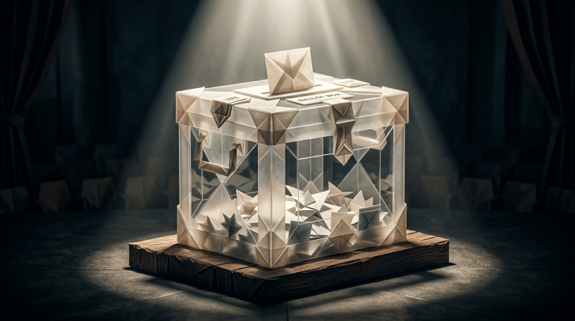 Translucent ballot box with paper ballots inside on wooden platform under focused light
