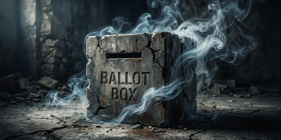 Cracked and rusty ballot box surrounded by smoke on a cracked floor