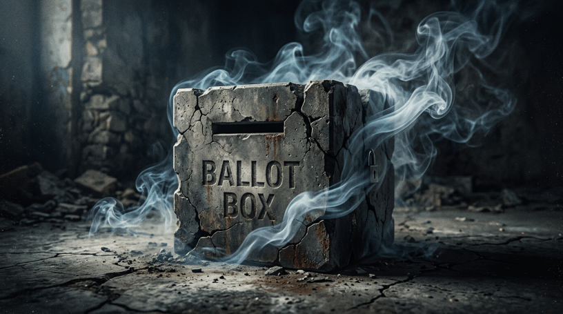 Cracked and rusty ballot box surrounded by smoke on a cracked floor
