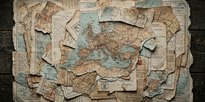 Torn and aged maps and handwritten papers showing Europe and nearby areas