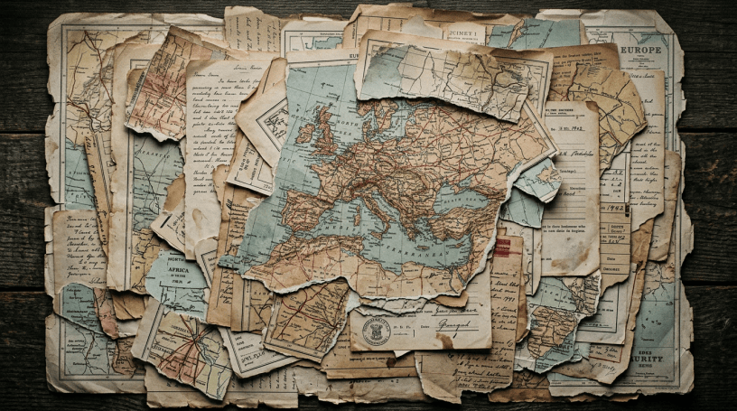 Torn and aged maps and handwritten papers showing Europe and nearby areas
