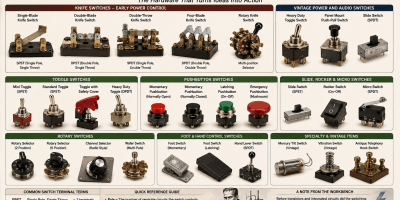 Educational Electronic Archaeology infographic showing historical and modern mechanical switches including knife switches, toggle switches, pushbutton switches, rotary switches, slide switches, rocker switches, foot switches, and specialty switching devices, with labels and identification information.