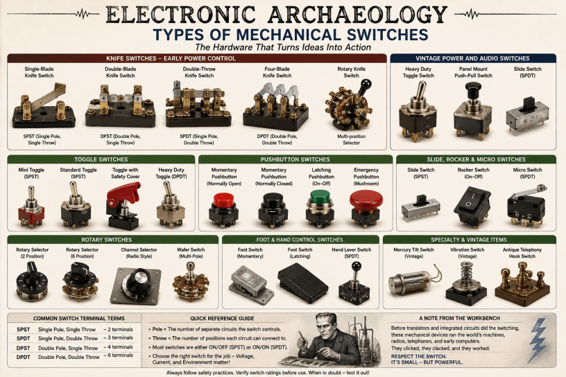 Educational Electronic Archaeology infographic showing historical and modern mechanical switches including knife switches, toggle switches, pushbutton switches, rotary switches, slide switches, rocker switches, foot switches, and specialty switching devices, with labels and identification information.