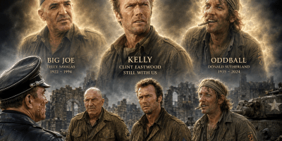 AI-generated tribute artwork inspired by Kelly’s Heroes, depicting Kelly, Big Joe, and Oddball confronting a German officer amid the ruins of a World War II battlefield. Above them are memorial-style portraits of Telly Savalas as Big Joe and Donald Sutherland as Oddball, alongside Clint Eastwood as Kelly, identified as “Still With Us.”