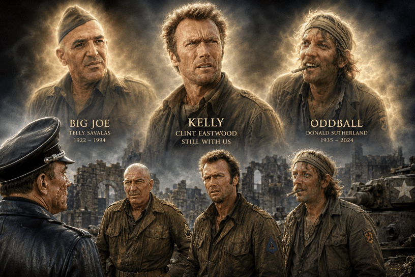 AI-generated tribute artwork inspired by Kelly’s Heroes, depicting Kelly, Big Joe, and Oddball confronting a German officer amid the ruins of a World War II battlefield. Above them are memorial-style portraits of Telly Savalas as Big Joe and Donald Sutherland as Oddball, alongside Clint Eastwood as Kelly, identified as “Still With Us.”