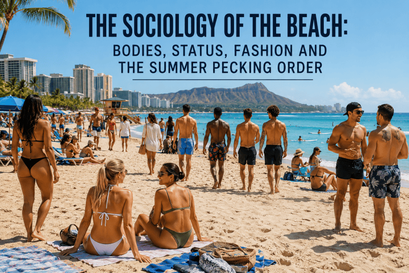 A crowded sunny beach with men and women in varied swimwear socializing, walking and relaxing along the shore, illustrating how bodies, fashion, fitness, confidence and status become unusually visible in beach culture.