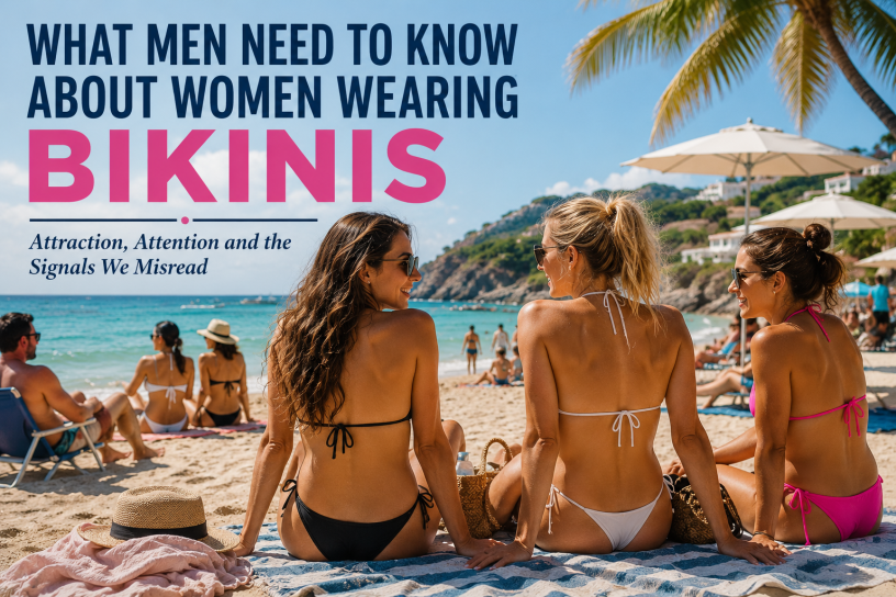 Three women in bikinis relaxing together on a sunny tropical beach, illustrating fashion, confidence, attraction, peer comparison, and the social signals people may read into swimwear.
