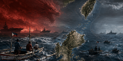 Dramatic illustration of the Philippines and Taiwan across the Luzon Strait, with Filipino wooden outrigger boats in the foreground, naval vessels on the horizon, and a looming red Chinese dragon symbolizing growing military pressure.