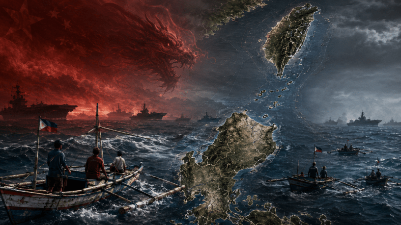 Dramatic illustration of the Philippines and Taiwan across the Luzon Strait, with Filipino wooden outrigger boats in the foreground, naval vessels on the horizon, and a looming red Chinese dragon symbolizing growing military pressure.